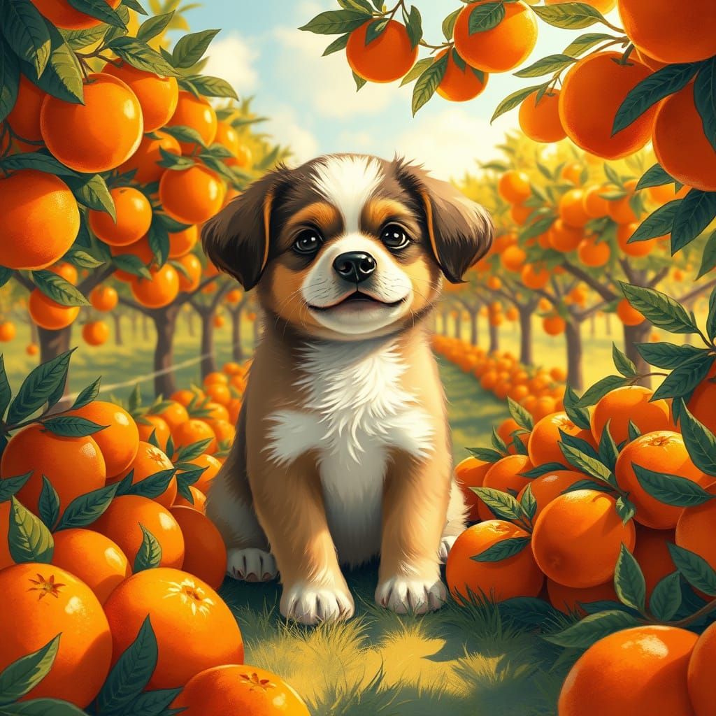 Playful Puppy in Whimsical Orange Orchard
