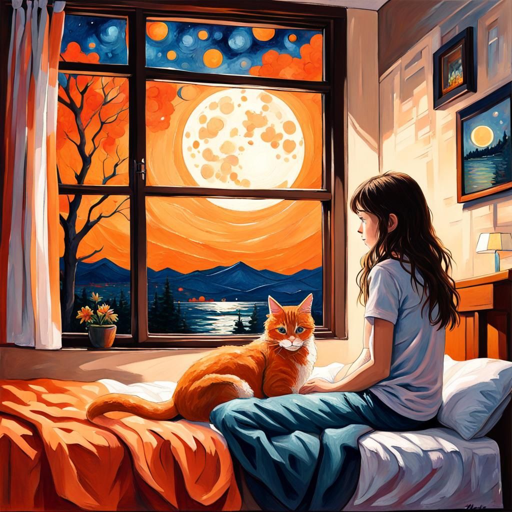 Girl and Cat Gazing at Moon, Neo-Impressionist Anime
