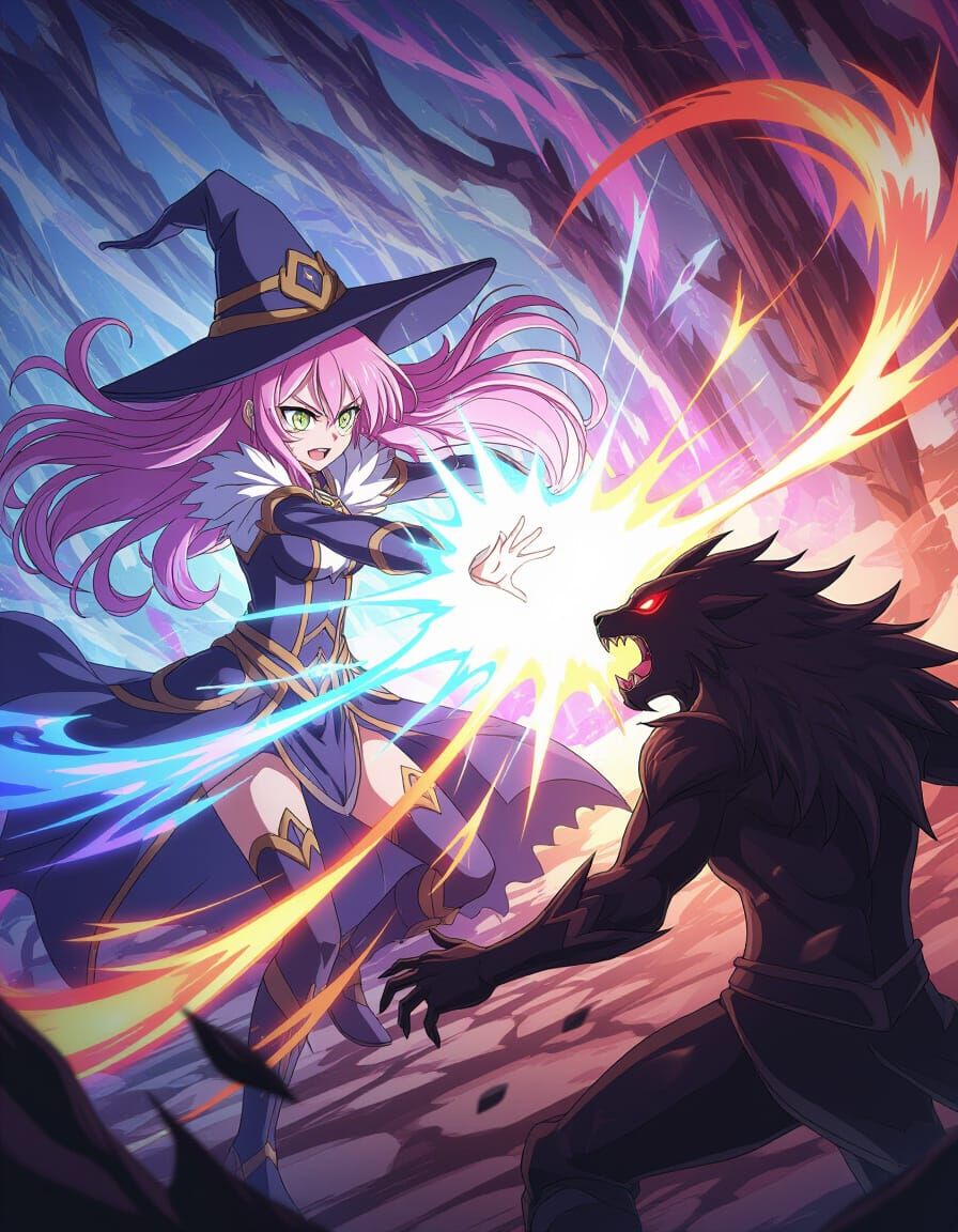 Sorceress Unleashes Magic on Shadow Beast in Anime Style