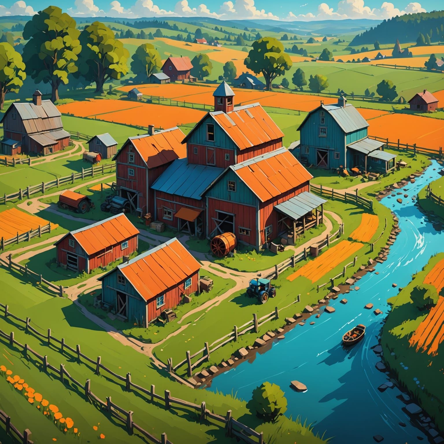 Farm in 3D Impasto Style with Volumetric Lighting