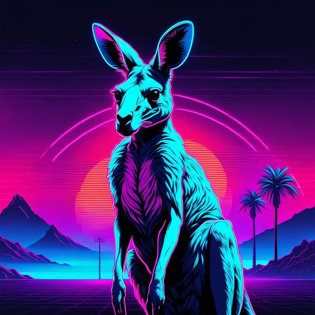 Kangaroo in Neon Synthwave Retro Style