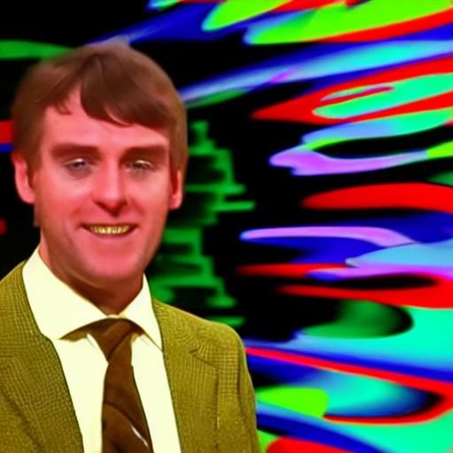 Gaz Charlesworth; English a meteorologist in retro 70s style; glitchy pixelated 4k rendering of photorealistic detail; r...
