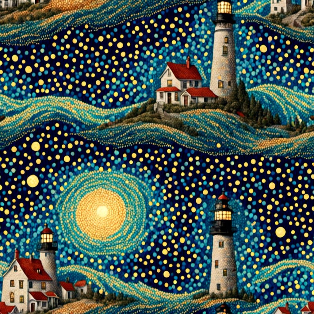 Lighthouse in starry night, sea, waves, hyperdetailed <lora:Pointillism-A:1.0> <lora:Pointillism:1.0>