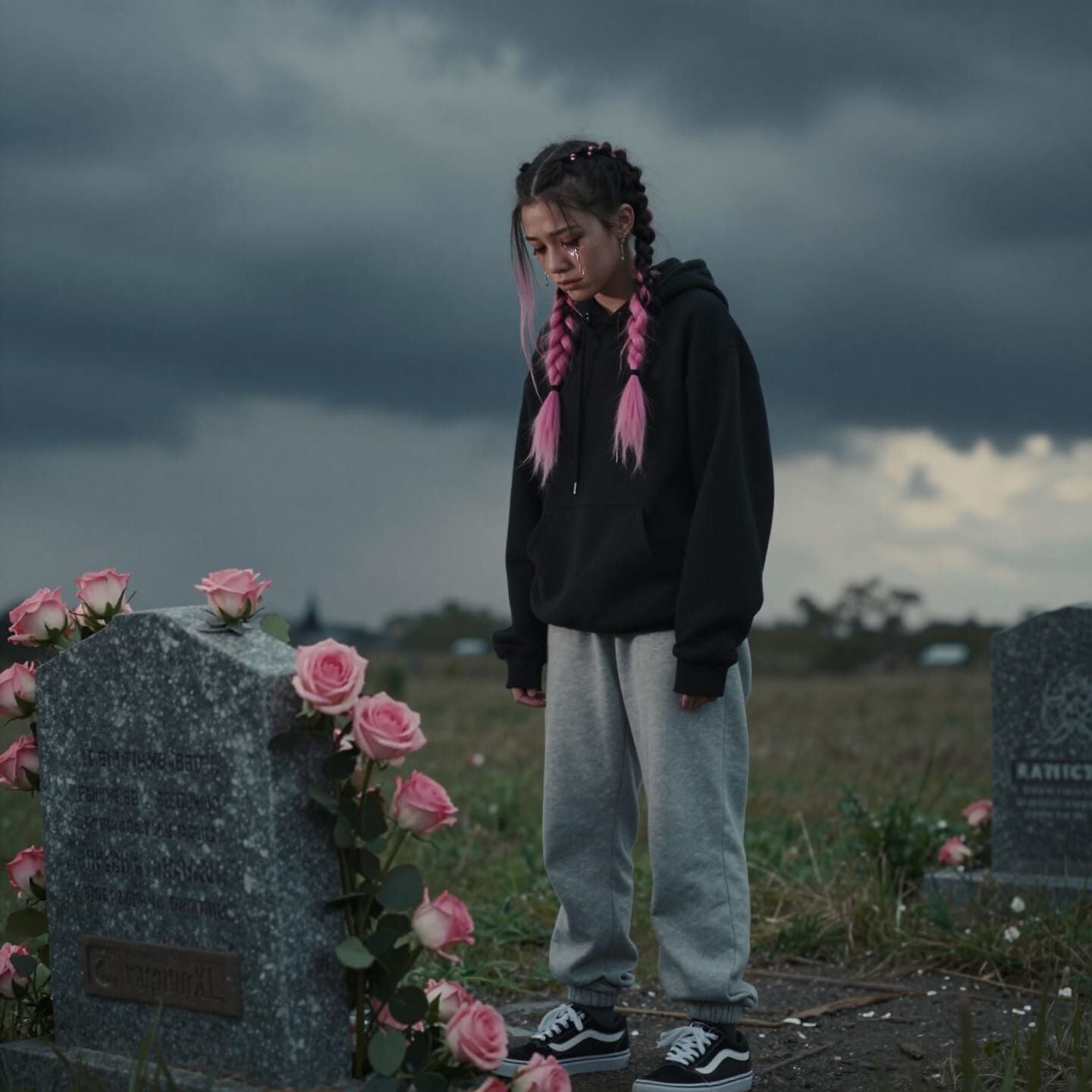 Punk Girl Mourning at Grave in Cinematic Style