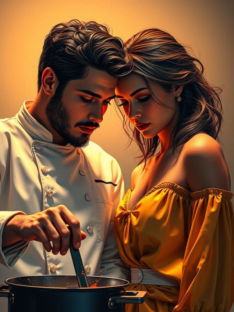 Chef's Devoted Moment in Elegant Concept Art Style