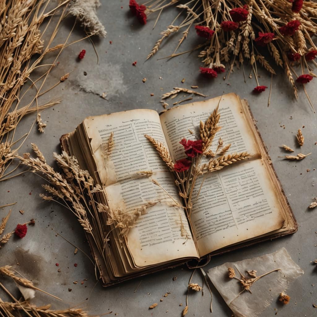 Ancient Book with Dried Flowers in Grunge Style