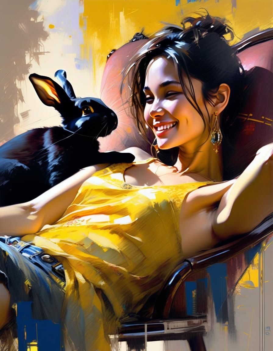 Woman with Rabbit in Contemporary Painting Style