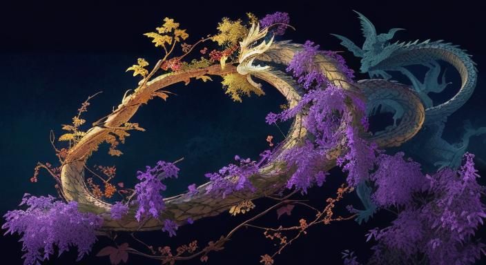 Ginkgo Dragon Panther in Lilac and Wisteria Vines