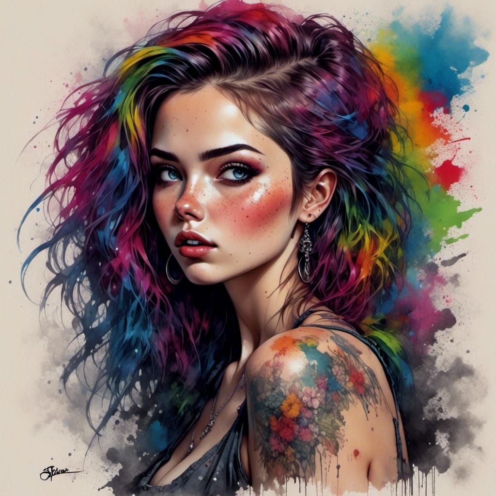 Grunge Style Woman in Rainbow Dress Oil Painting