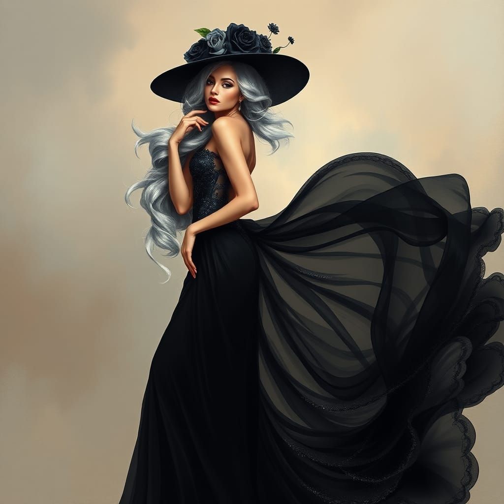Elegant Woman in Black Gown: Impressionist Style