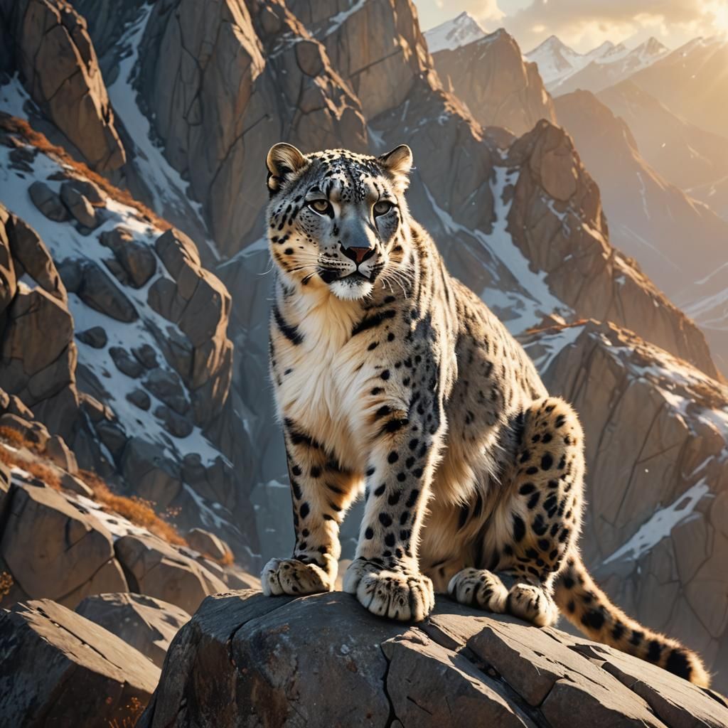 Snow Leopard on Rocky Cliff in Golden Light