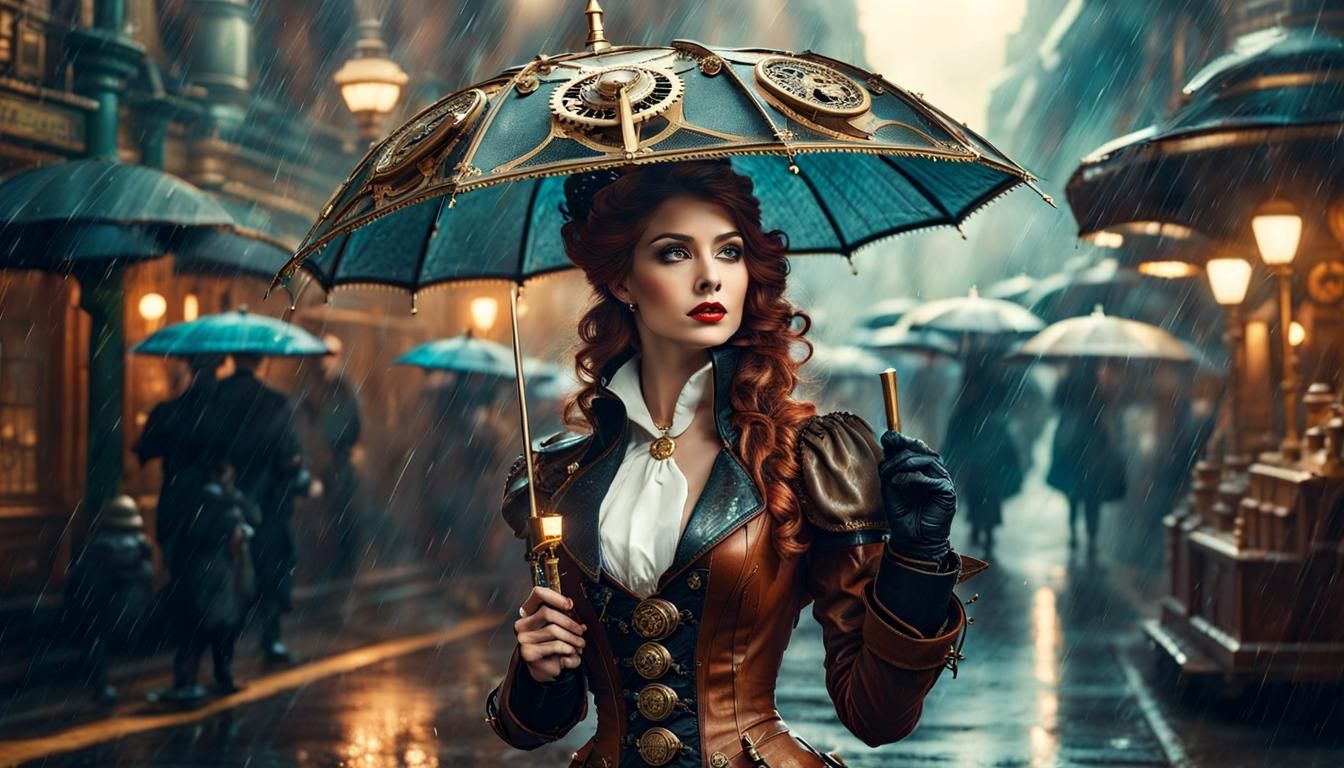 Steampunk Lady in Rainy Sci-Fi Street