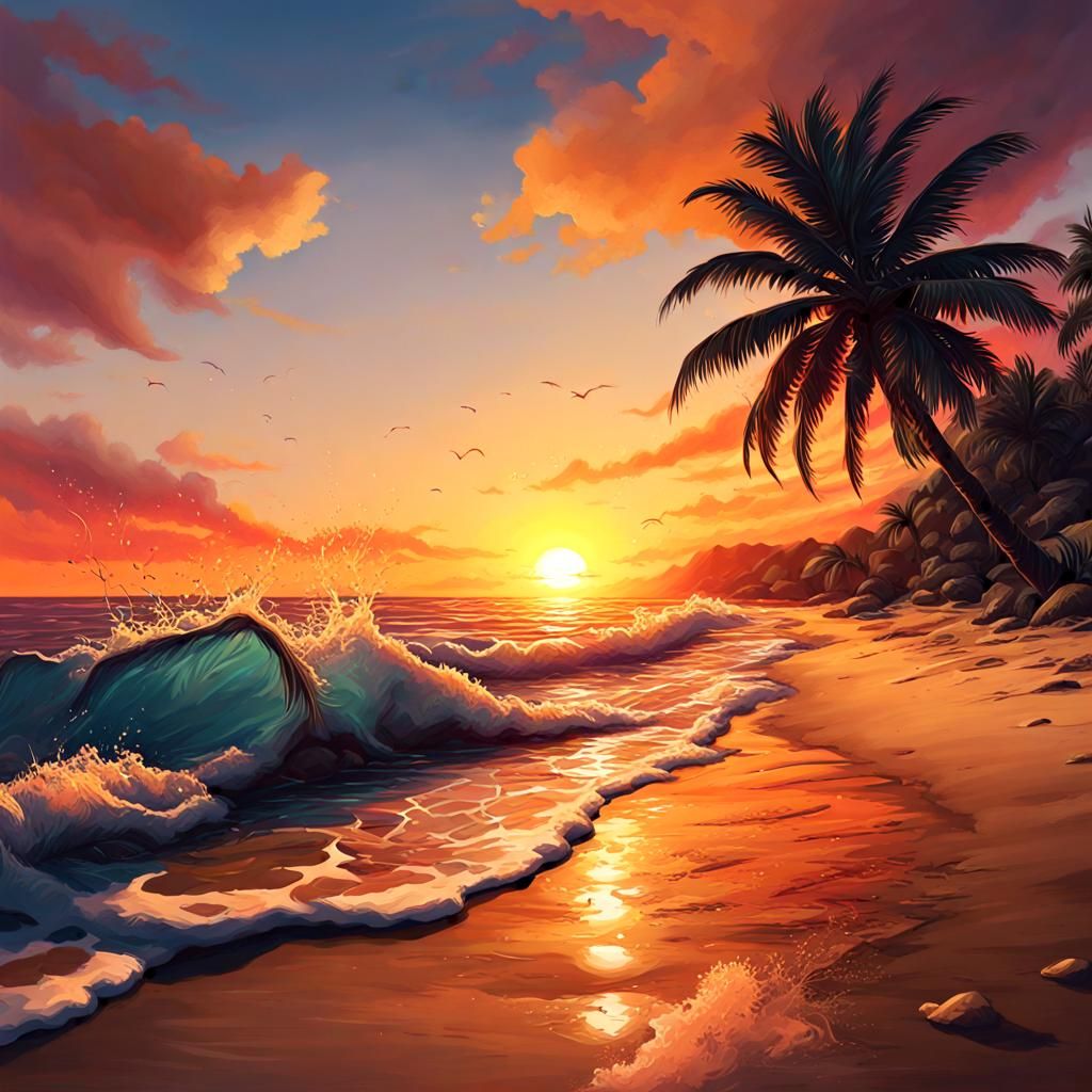 Hyperrealistic Beach Sunset in Splash Art Style