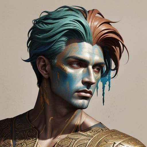 "Hand-painted plaster background, vibrant embossed relief of a male head and shoulders with earth-toned style cosmetics,...