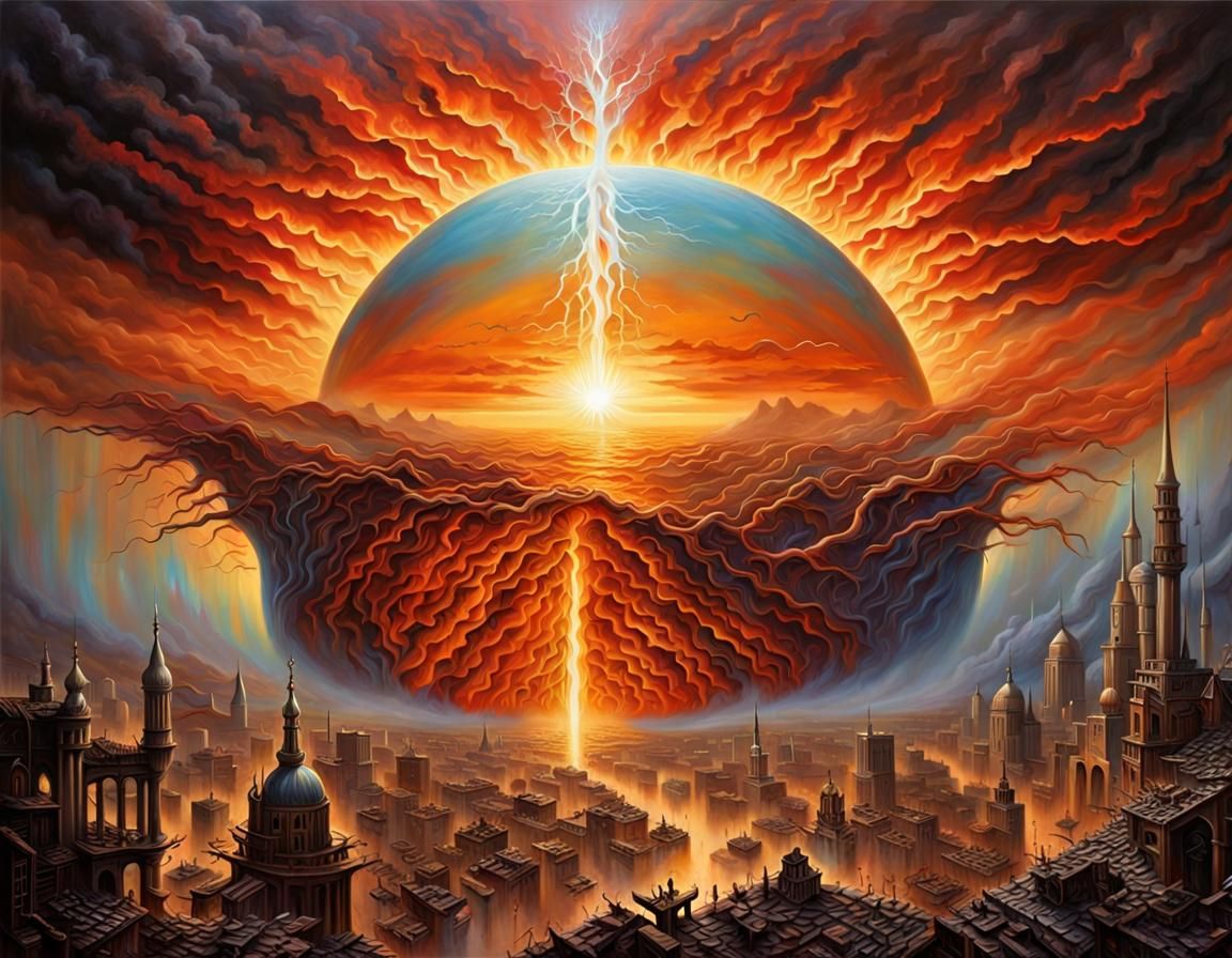 Apocalyptic Sun Over Destroyed Earth: Oil Painting