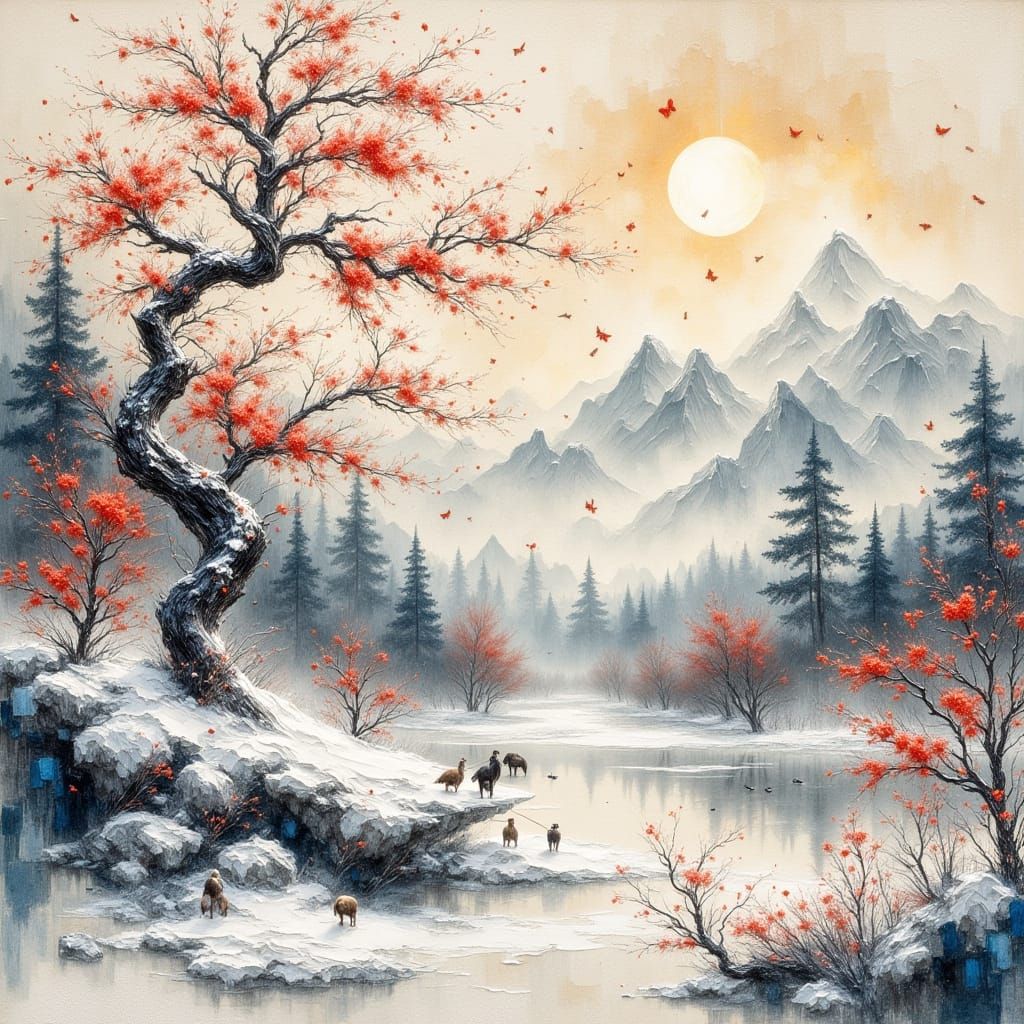 Chinese Hua-Niao Painting of Winter Landscape