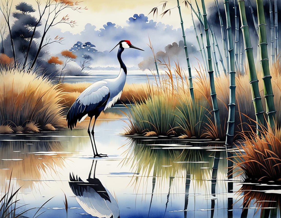 Elegant White-Naped Crane in Snowy Winter Landscape