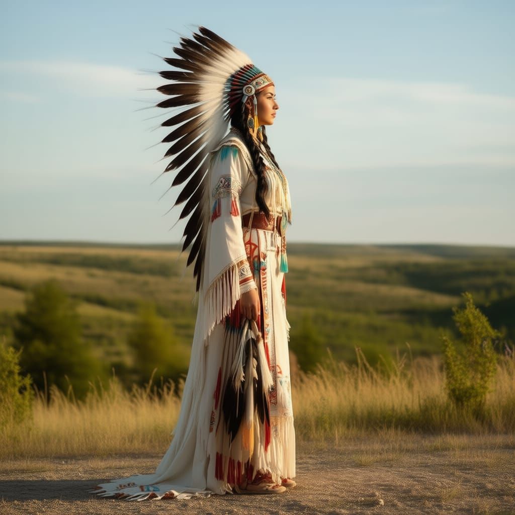 Elegant Native American Woman in Traditional Light Attire