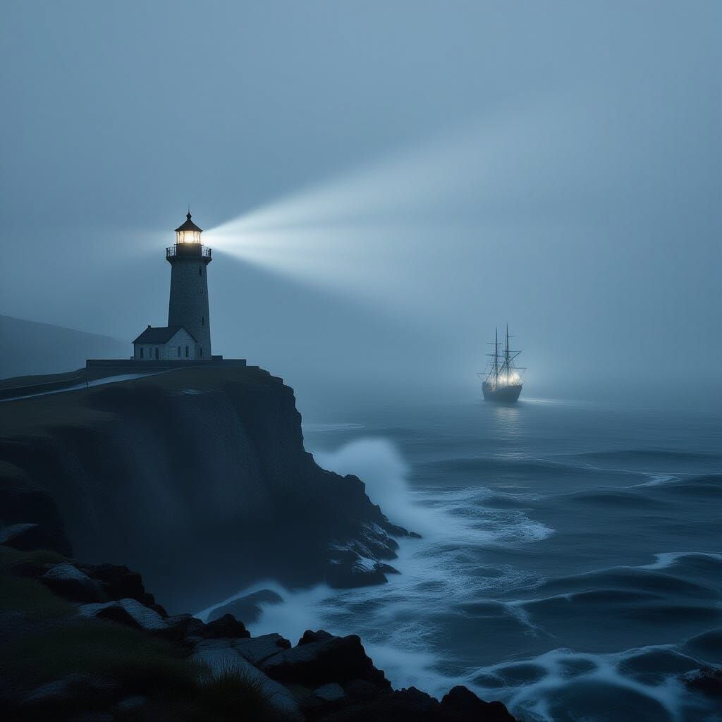 Misty Lighthouse Guides Spectral Ship in Dramatic Light