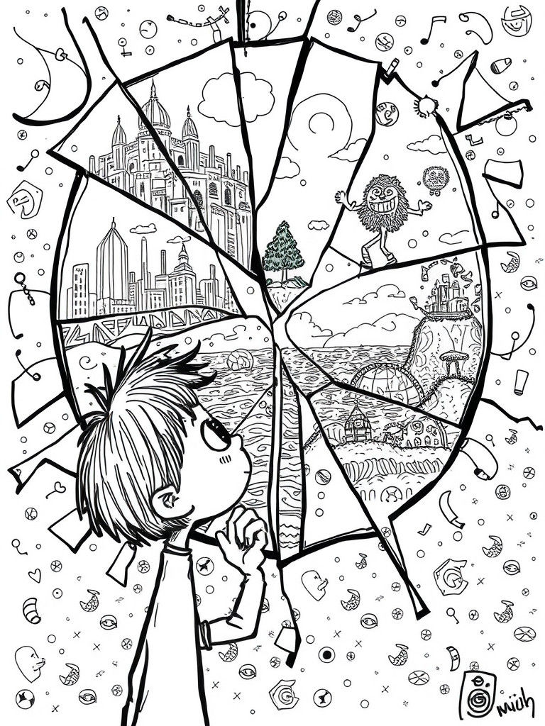 Kaleidoscopic Doodles in Fractured Mirror: Surreal Worlds