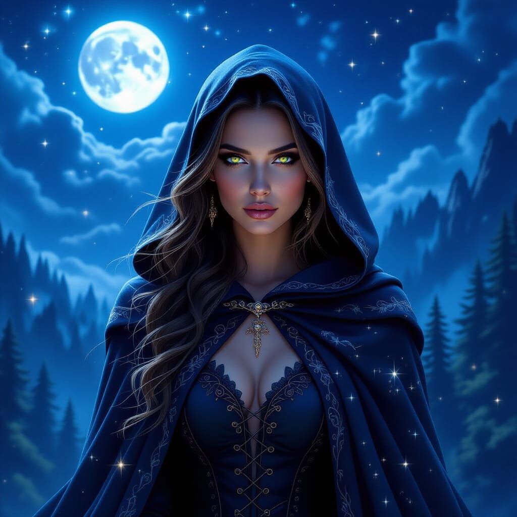 Elegant Sorceress with Galaxy Eyes in Moonlit Forest