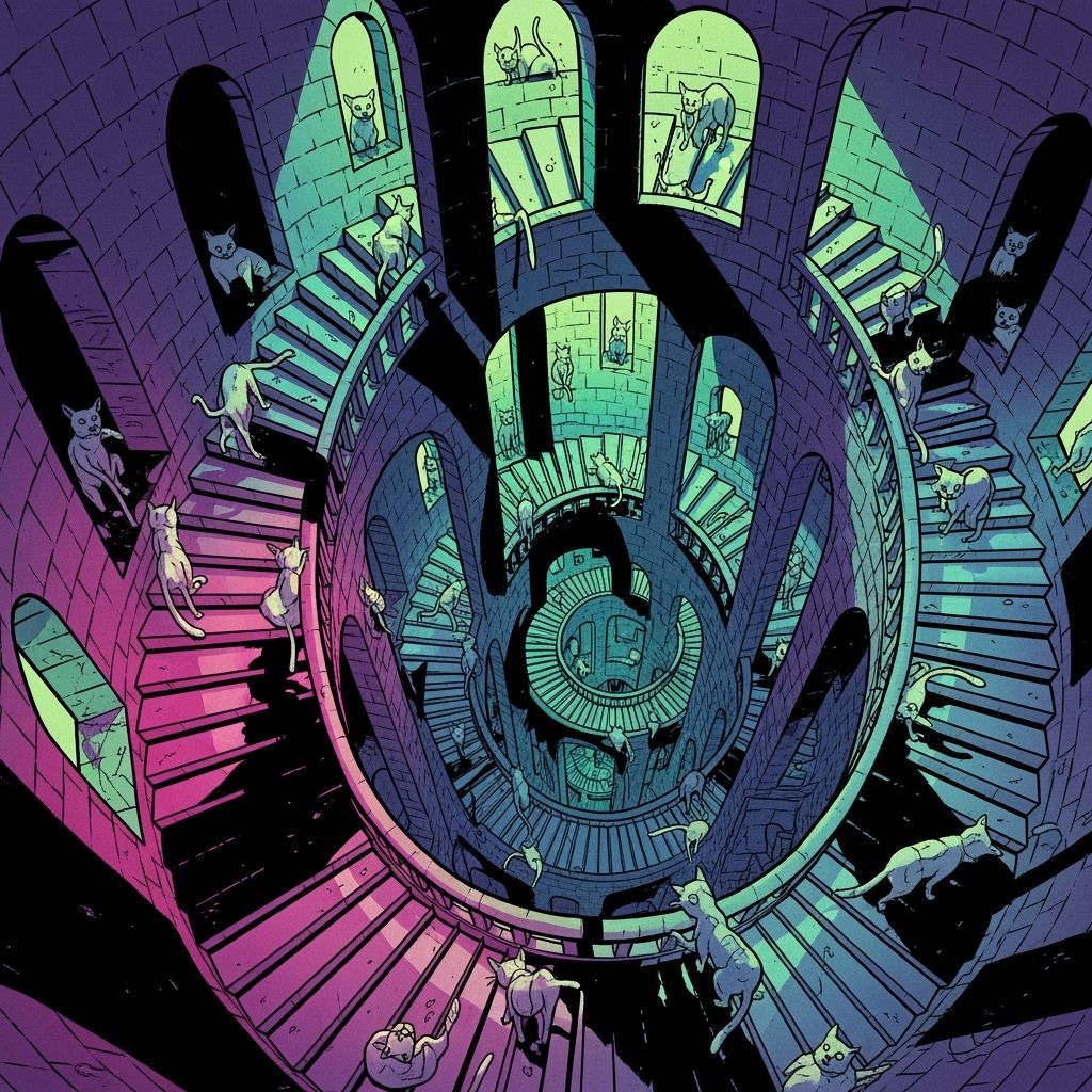 Surreal Staircase with Cats in Comic Book Style
