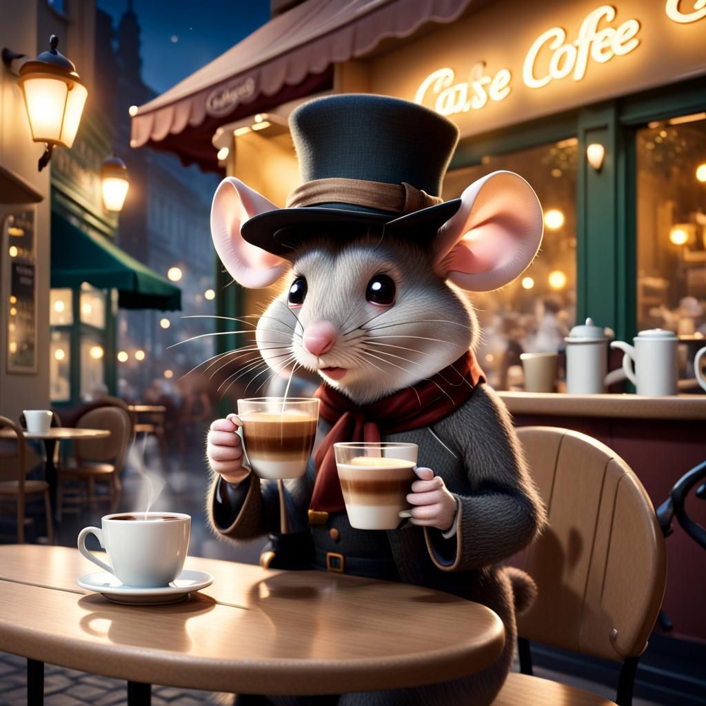 Mouse Sipping Coffee at an Illuminated Cafe