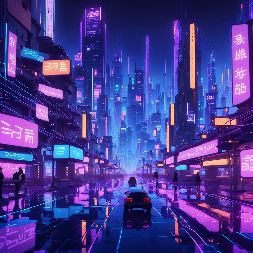 Futuristic Neon Cityscape with Matrix Code in Anime Style