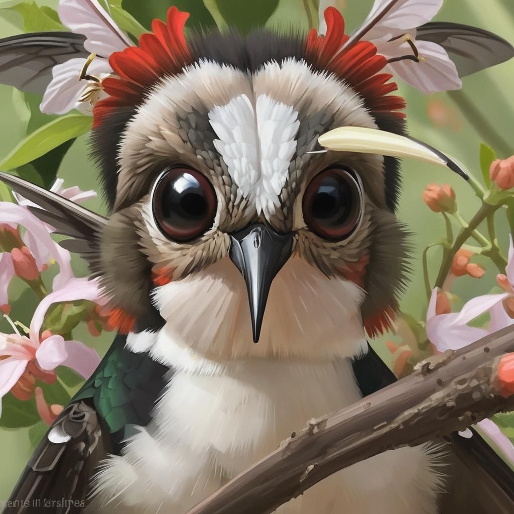 Hummingbird and Bugs Sip Nectar, Eye Contact