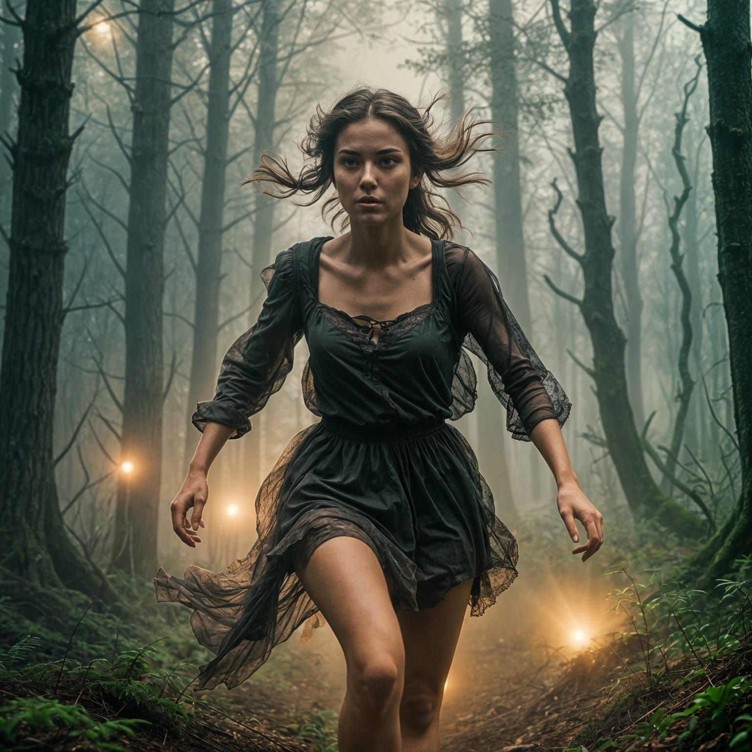 Woman Running from a Dark and Foggy Forest
