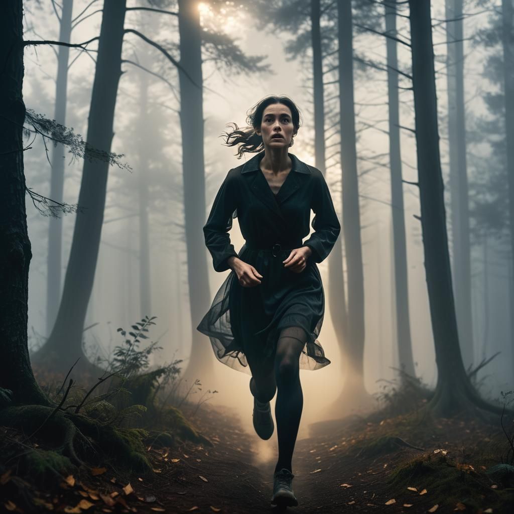 Woman Runs from Dark Forest in Film Noir Style