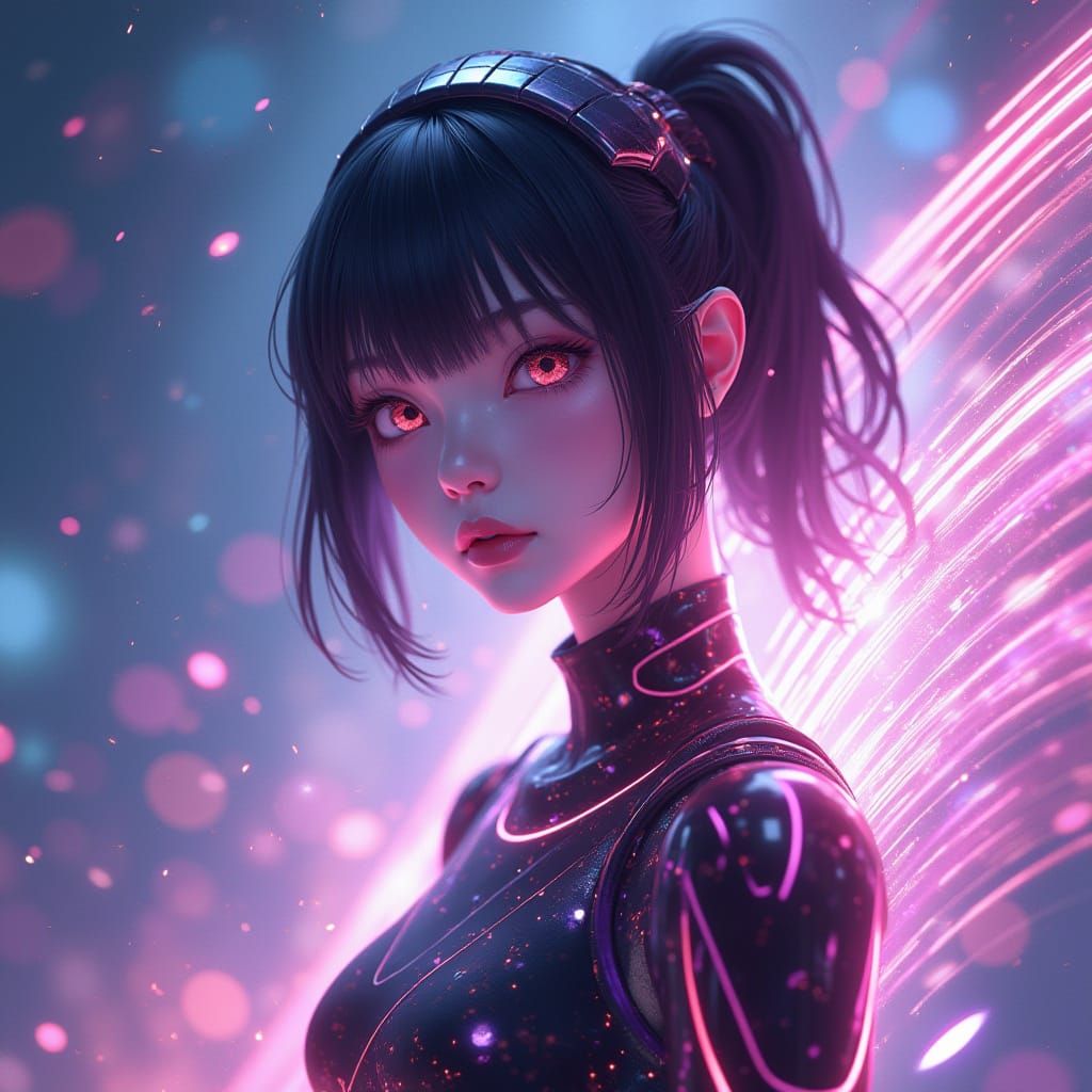 Futuristic Girl with Holographic Aura in 3D Anime Style