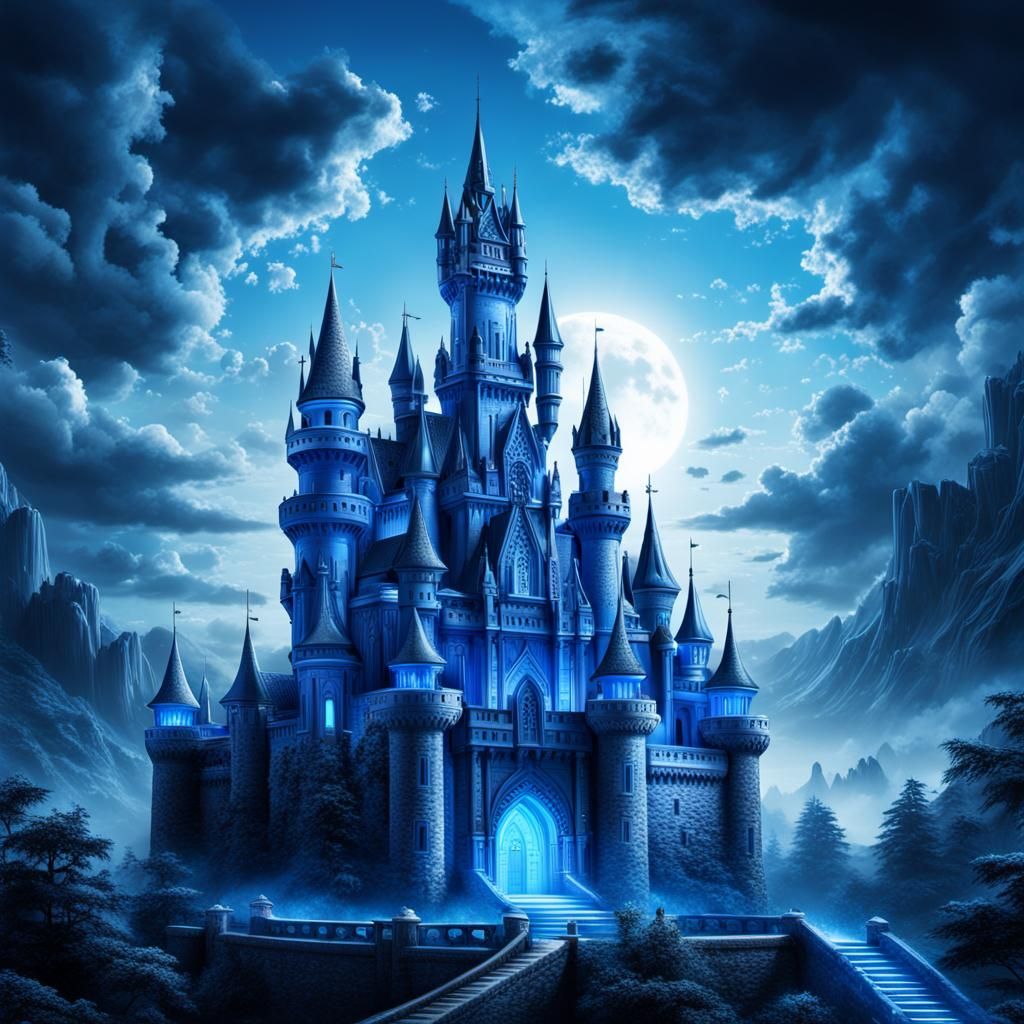 Vibrant Blue Intricate Castle in Monochromatic Style
