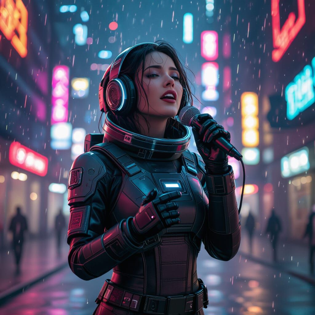 Futuristic Singer in Neon City, Cyberpunk Style
