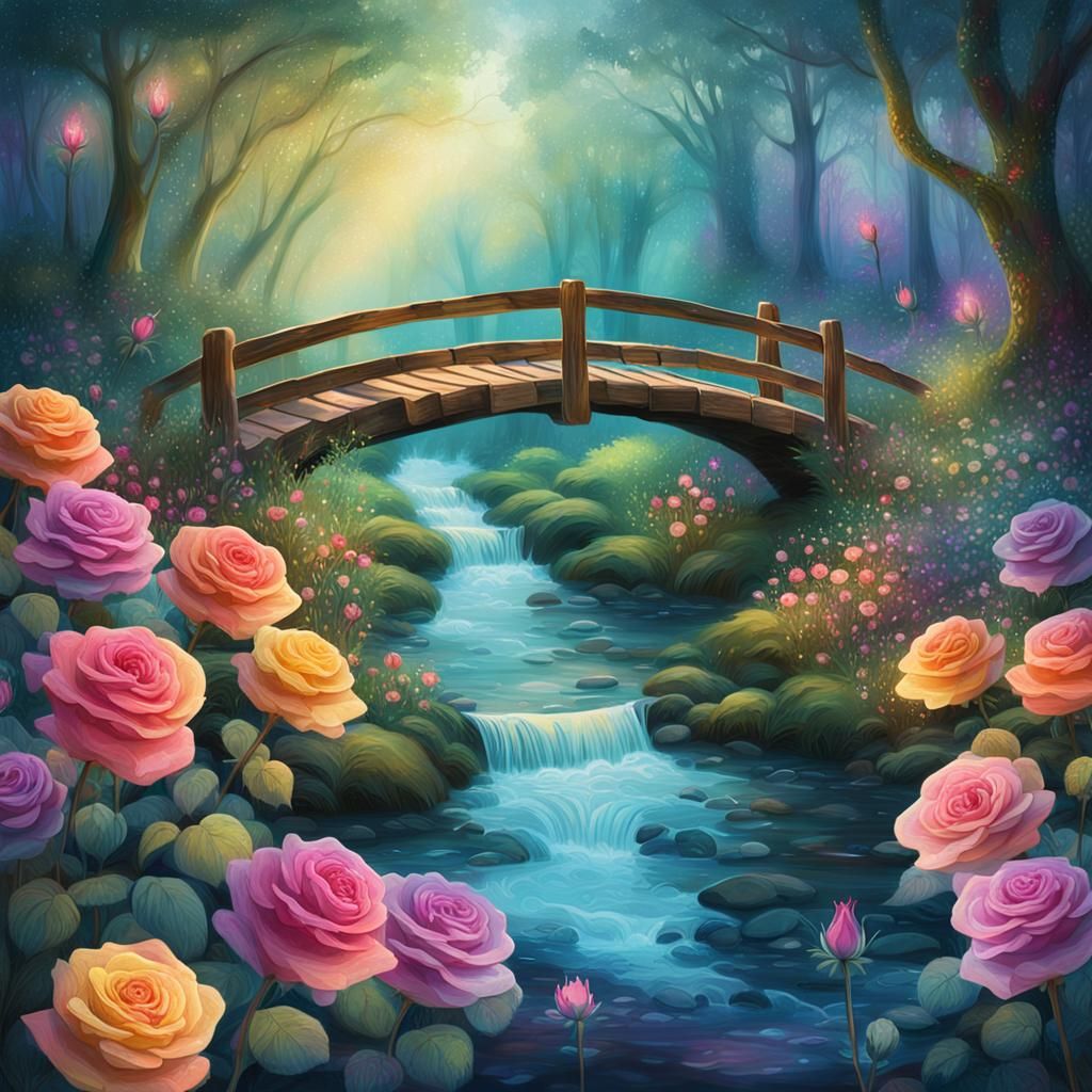 Dreamy Astral Forest Scene with Roses and Wooden Bridge