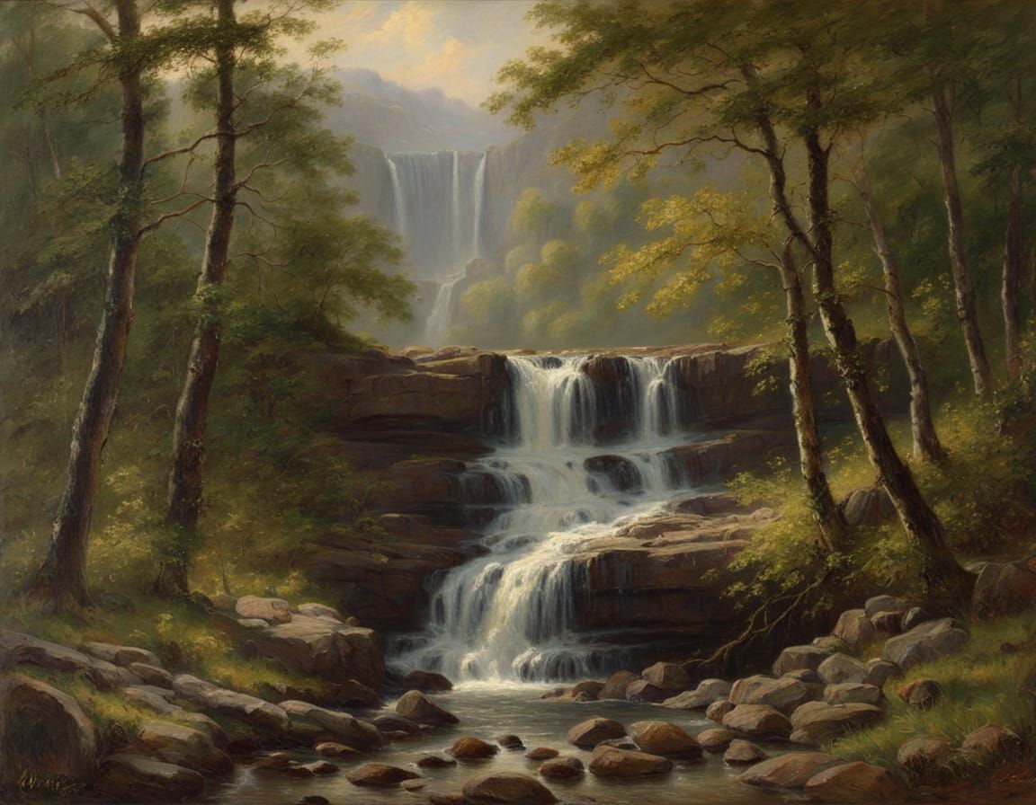 Majestic Waterfall Landscape in Classical Oil Painting Style