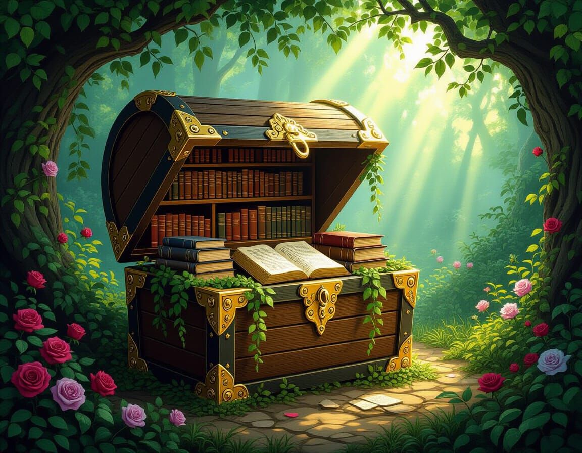 Hidden Library Inside Treasure Chest in Forest Glade