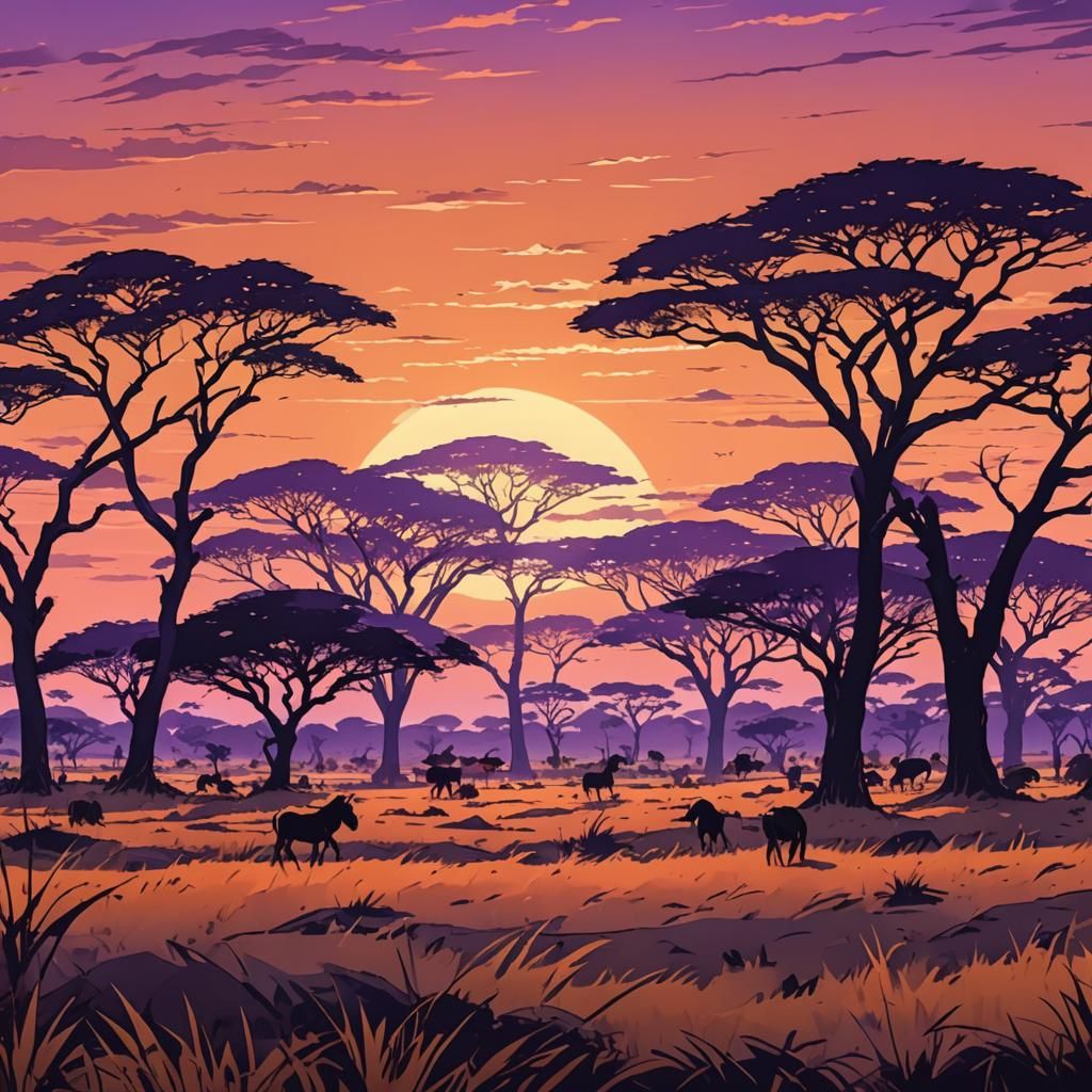 Vibrant Anime Savanna Sunset in Deep Color