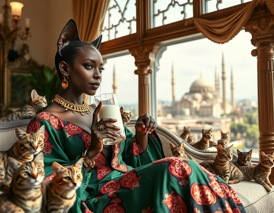 Kenyan Cat-Woman Lounging in Nairobi, Realistic Full Shot