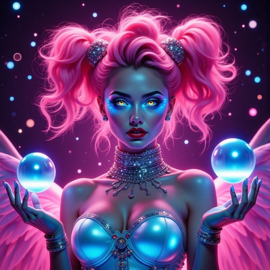 Cyber-Clown Seraph in Vibrant Hyperrealistic Pin-Up Style