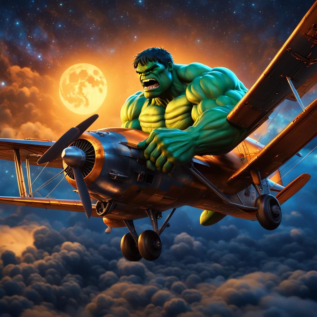 Hulk Rides Airplane at Night: 3D Cartoon Art