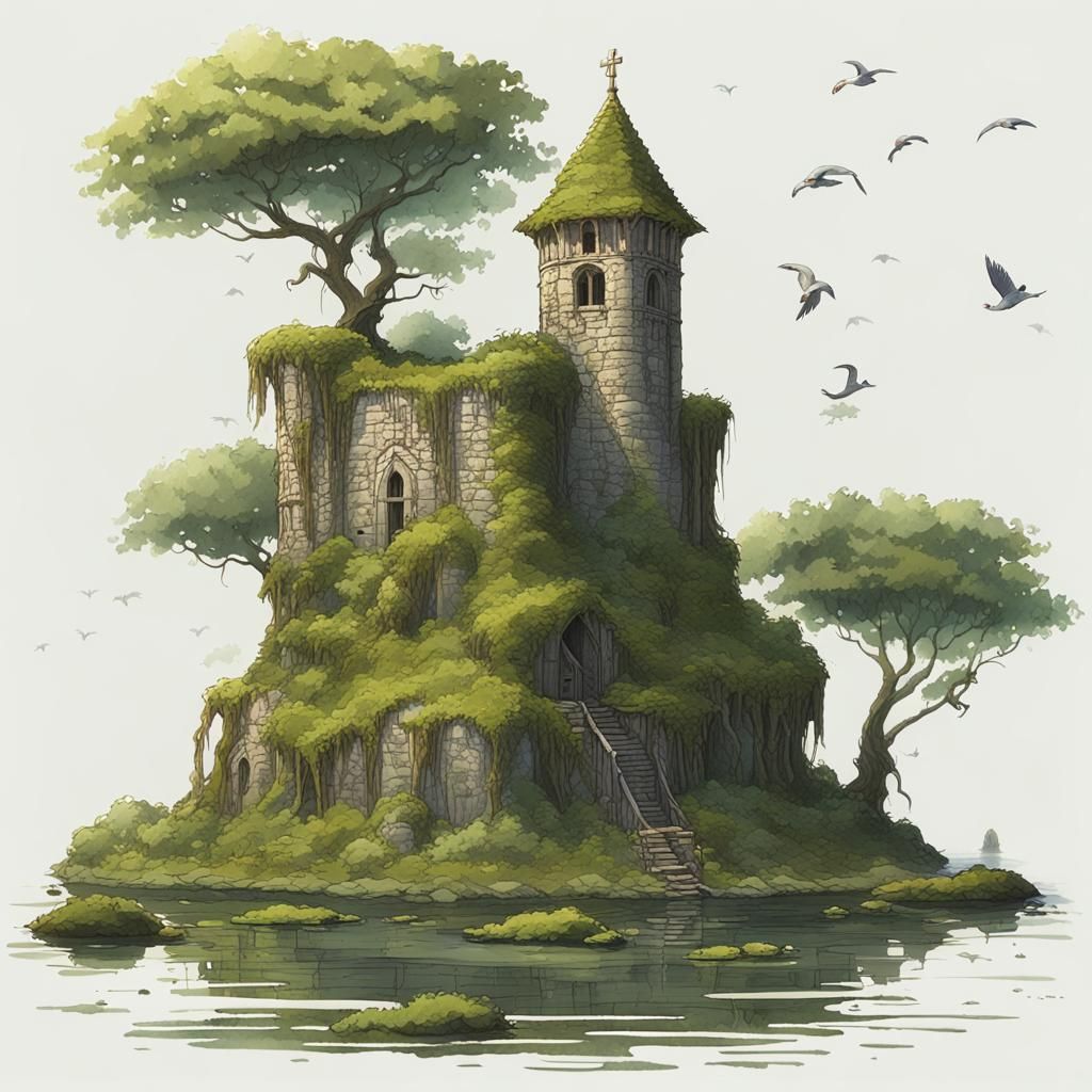 Medieval Tower Island in Overgrown Lake: Digital Matte Paint...