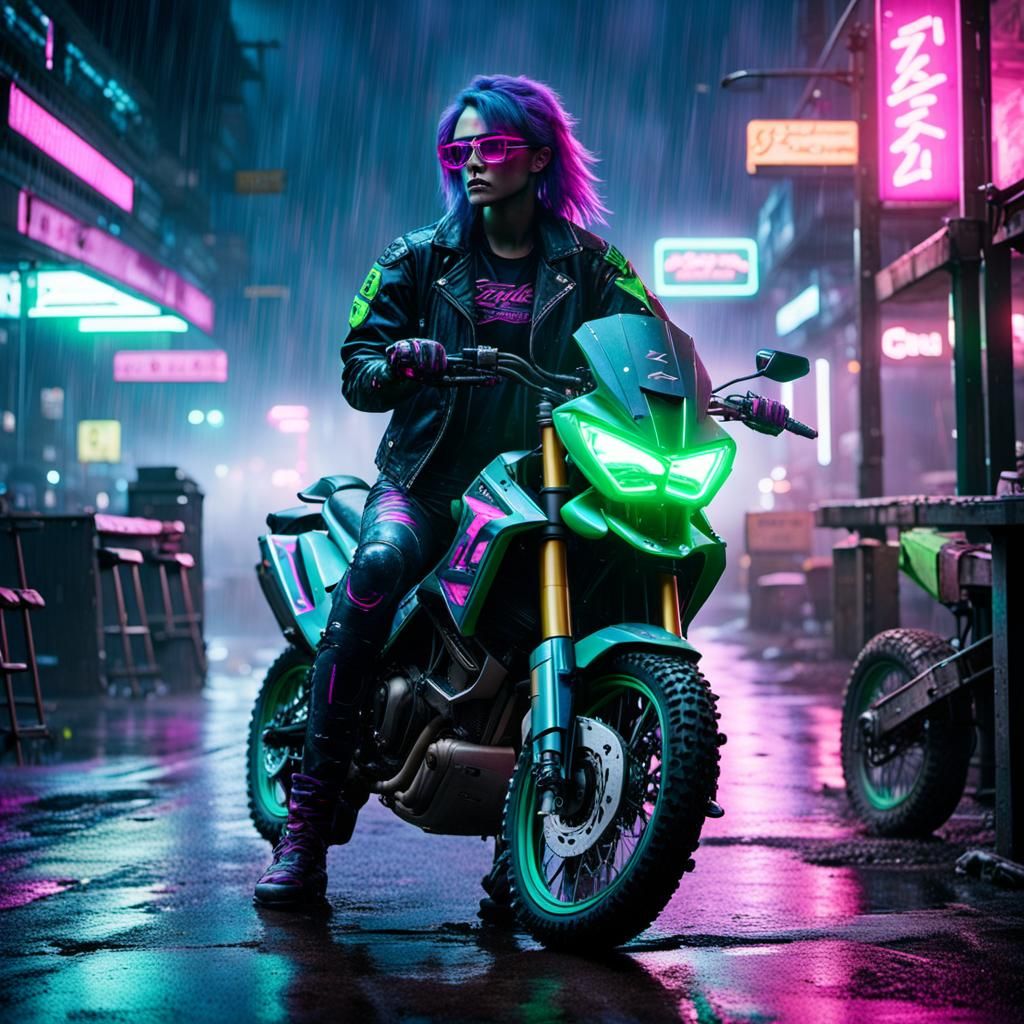 Cyberpunk Woman with Futuristic Glasses in Rainy City