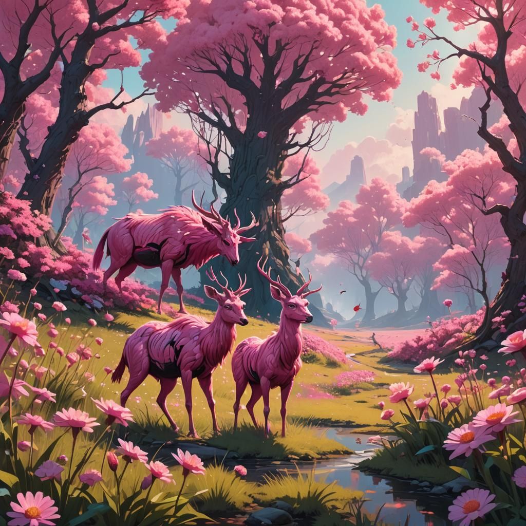 Pink Magical Creatures in Dreamlike Landscape Art