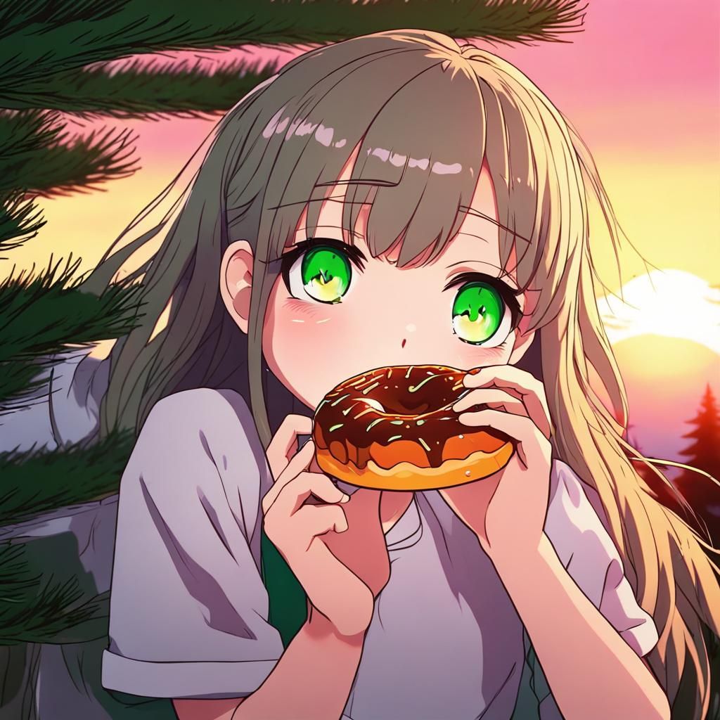 Anime Girl Eats Doughnut at Sunset, Manga Style