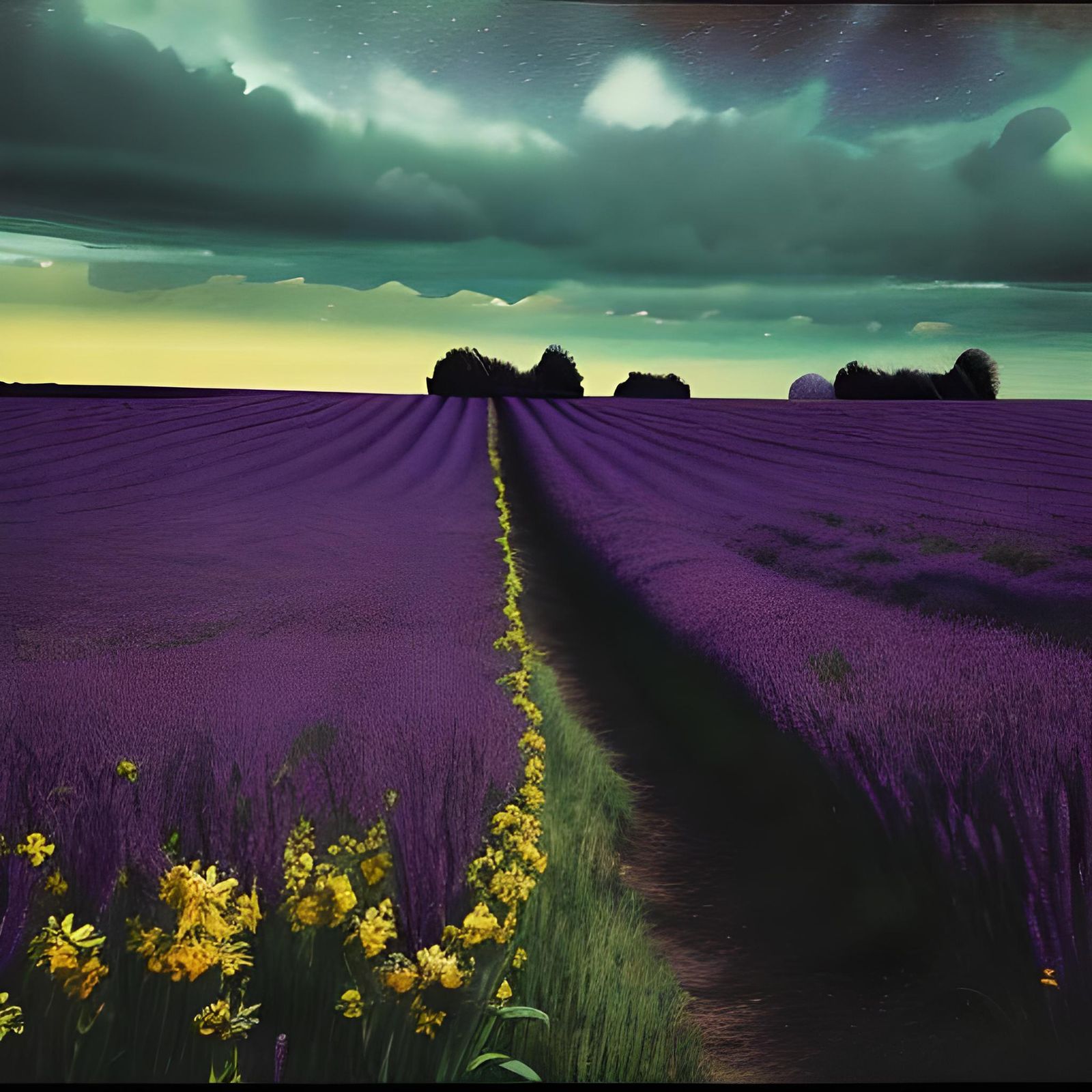 Ethereal Field Scene in Purple and Yellow, Van Gogh-Inspired