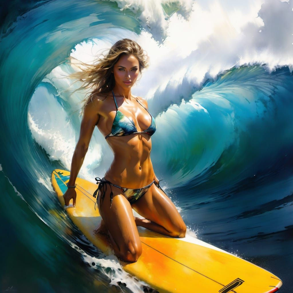 Vibrant Woman Surfer Rides a Towering Wave in a Dramatic Wat...