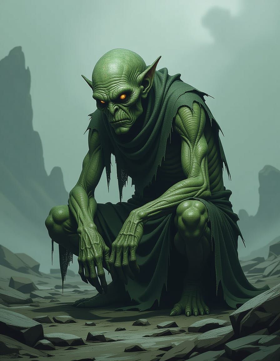 Grotesque Mazoku Creature in Dark Fantasy Wasteland