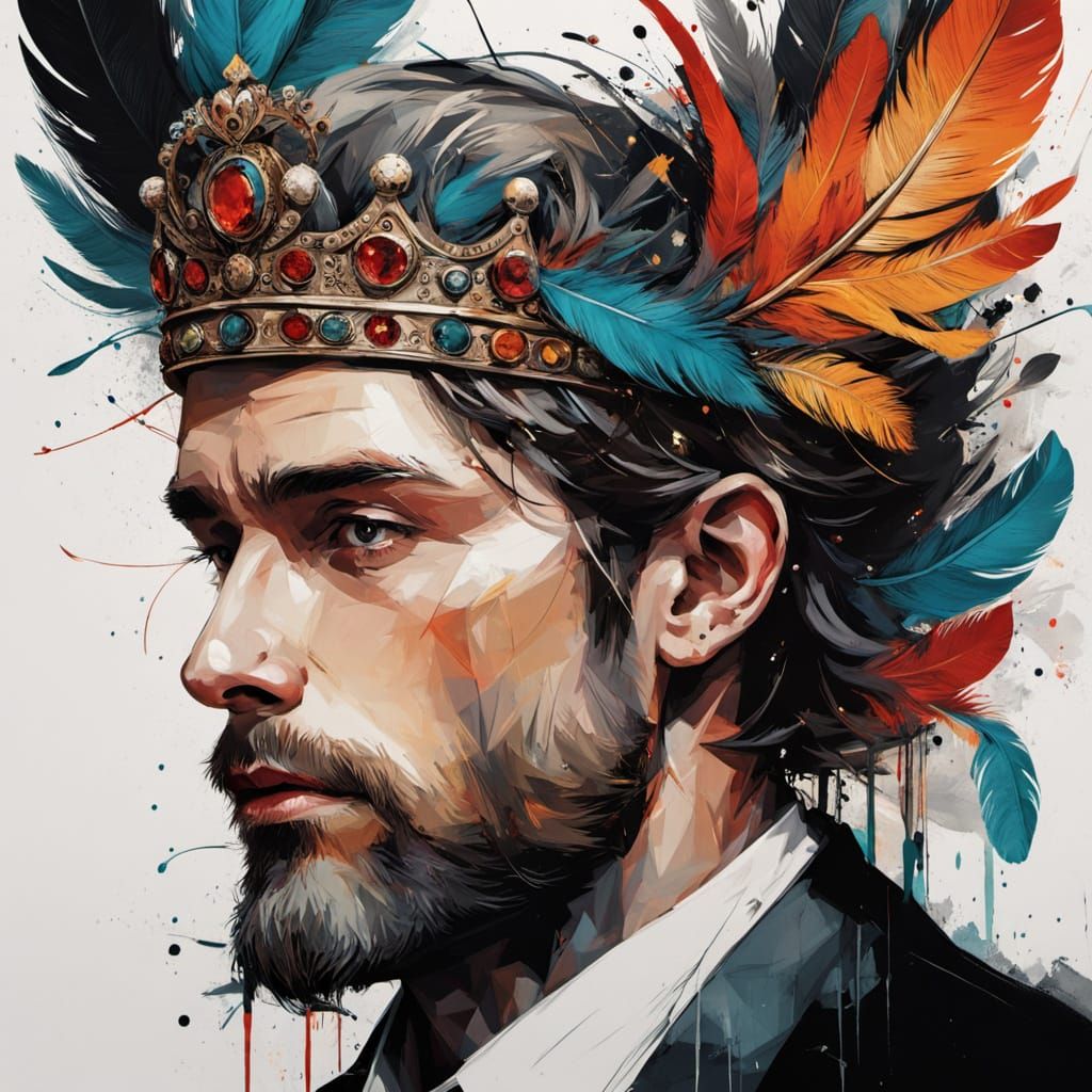 Bejeweled Antique Crown on Male Head with Feather Crest