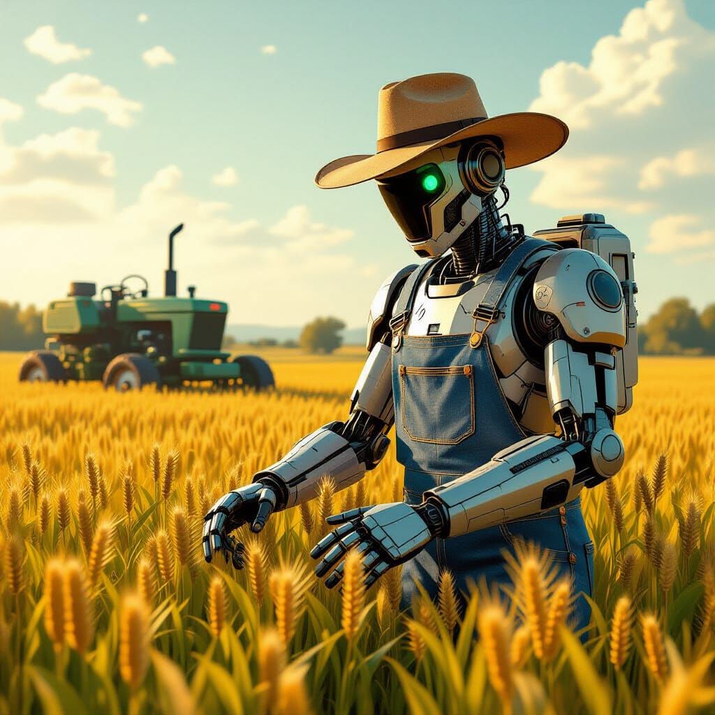 Retro-Futuristic Robot Farmer in Nostalgic Sci-Fi Style